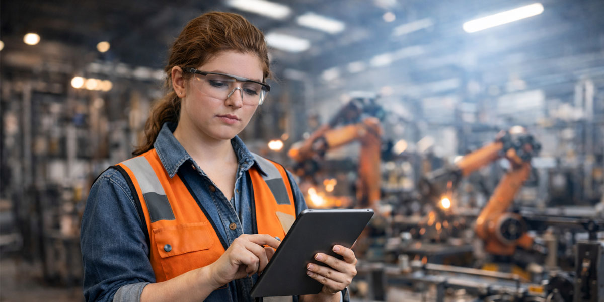 young early 20's woman with red curly hair works on a tablet in a factory with factory robots in the back doing work.