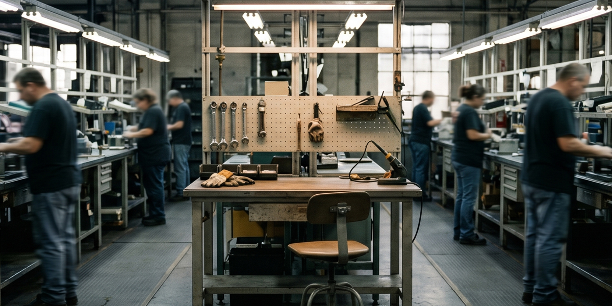 an empty workstation in a busy factory floor.